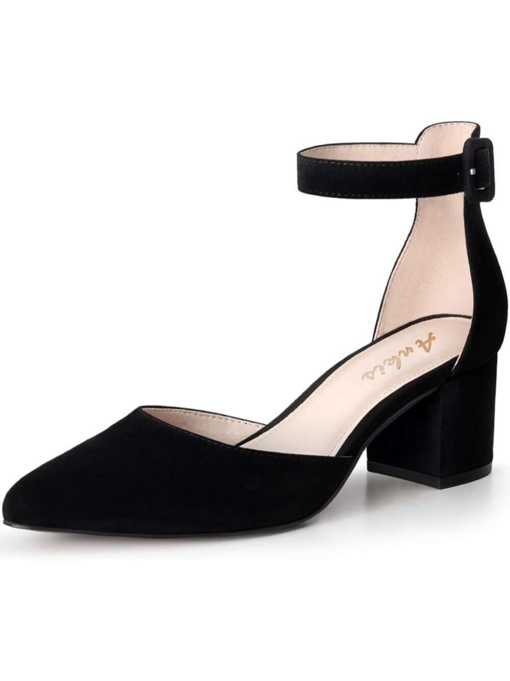 Ankis Womens Black Suede Polyurethane Pointed Toe Low Block Chunky Heels 2.25 In